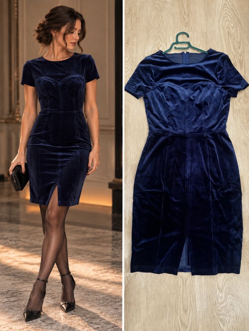 Paper Dolls Navy Velvet Pencil Dress Sweetheart Bodice Dark Academia 6
